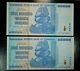 100 Trillion Dollar Zimbabwe Currency 2008 Gem Unc Sequential 2 Pc Lot