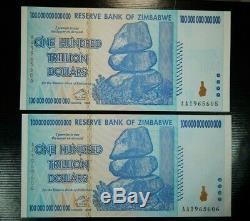 100 TRILLION DOLLAR ZIMBABWE CURRENCY 2008 Gem UNC Sequential 2 pc LOT