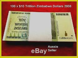 100 x ZIMBABWE 10 TRILLION DOLLAR UNC BANKNOTE SALE CURRENCY AA 2008 100 TRL SER