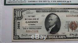 $10 1929 Gadsden Alabama AL National Currency Bank Note Bill Ch. #3663 Unc62 PMG