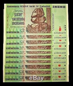 10 x Zimbabwe 50 Trillion Dollar banknotes / UNC consecutive authentic currency
