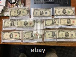 (12) $1 thru $10 Crisp Unc Currency in Holders ($1, $2, $5, $10)