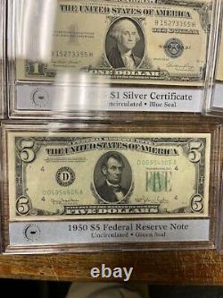(12) $1 thru $10 Crisp Unc Currency in Holders ($1, $2, $5, $10)