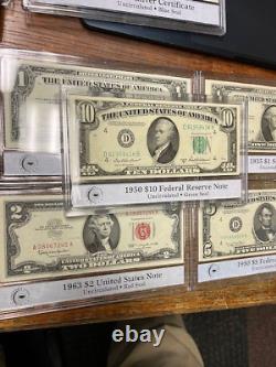 (12) $1 thru $10 Crisp Unc Currency in Holders ($1, $2, $5, $10)
