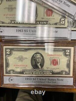 (12) $1 thru $10 Crisp Unc Currency in Holders ($1, $2, $5, $10)