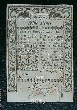 1786 Nine Pence Rhode Island Colonial Currency Note Crisp Choice Unc 4747