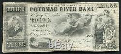 1854 $3 Potomac River Bank Georgetown, D. C. Obsolete Currency Note Unc