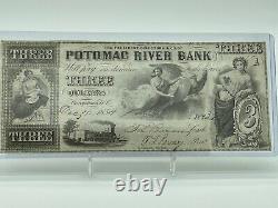 1854 $3 Potomac River Bank Georgetown, D. C. Obsolete Currency Note Unc