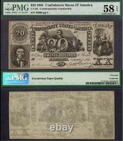 1861 $20 HISTORIC CCFT (CT-20) U. S. Confederate Note PMG ABOUT UNC 58 PPQ