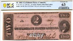 1862 $2 Confederate States of America T-54 PF-11 Banknote PCGS 63! Choice Unc