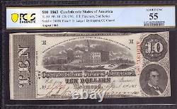 1863 $10 Confederate States Of America Note T-59 Pf-38 Pcgs B About Unc Au 55