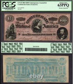 1864 $100 HISTORIC CCFT (T-65) U. S. Confederate Note PCGS UNC 63 PPQ