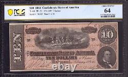 1864 $10 Confederate States Of America Note T-68 Pf-31 Pcgs B Choice Unc Cu 64
