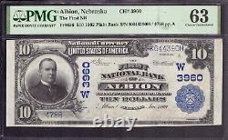 1902 $10 First National Banknote Currency Albion Nebraska Pmg Choice Unc 63