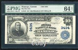 1902 $10 The First Nb Of Wamego, Ks National Currency Ch. #3434 Pmg Unc-64epq