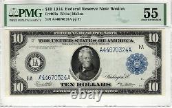 1914 $10 Federal Reserve Note Currency Boston Fr. 907a Pmg About Unc Au 55 (324a)