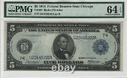 1914 $5 Federal Reserve Note Currency Chicago Fr. 868 PMG Choice UNC 64 EPQ