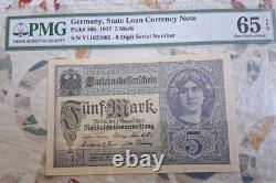 1917 Germany State Loan Currency Note 5 Mark Pick#56a PMG 65 EPQ Gem UNC