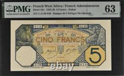 1925-26 French West Africa 5 Francs P5Bc BANKNOTE CURRENCY UNC PMG 63