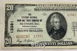 1929 $20 Blossburg, PA National Currency Note Low Serial 182 AU/UNC