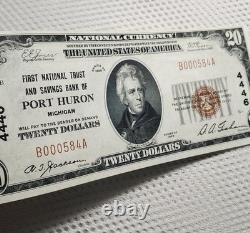 1929 $20 National Currency PORT HURON, MICHIGAN Low Serial Number Crisp UNC