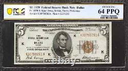 1929 $5 Federal Reserve National Banknote Currency Dallas Tx Pcgs 64 Unc (261a)