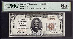 1929 $5 First National Banknote Currency Wausau Wisconsin Pmg Gem Unc 65 Epq