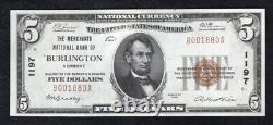 1929 $5 Merchants Nb Of Burlington, Vt National Currency Ch. #1197 About Unc