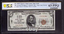 1929 $5 National City Banknote Currency New York Ny Pcgs B Choice Unc 63 Ppq