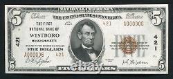 1929 $5 Tyii The First Nb Of Westboro, Ma National Currency Ch. #421 Gem Unc