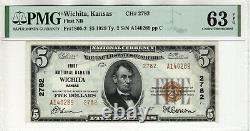 1929 T2 $5 First National Banknote Currency Wichita Kansas Pmg Choice Unc 63 Epq