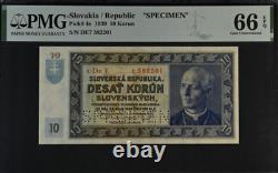 1939 Slovakia 10 Korun P4s BANKNOTE CURRENCY SPECIMEN UNC PMG 66