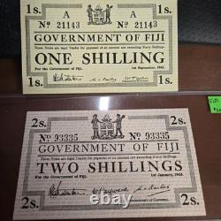 1942 Fiji 1 a 2 Shillings Currency Banknote UNC (RARE) 2 Notes, Crisp. (106)
