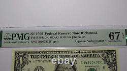 $1 1999 Repeater Serial Number Federal Reserve Currency Bank Note Bill PMG UNC67