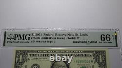 $1 2001 Radar Serial Number Federal Reserve Currency Bank Note Bill PMG UNC66EPQ