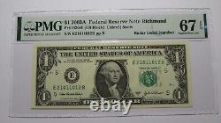$1 2003 Radar Serial Number Federal Reserve Currency Bank Note Bill PMG UNC67EPQ
