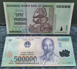 2008 ZIMBABWE 50 TRILLION DOLLARS Vietnam 500000 Dong BANKNOTE CURRENCY UNC