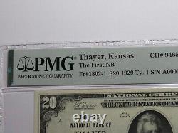 $20 1929 Thayer Kansas KS National Currency Bank Note Bill Ch. #9465 UNC64 PMG