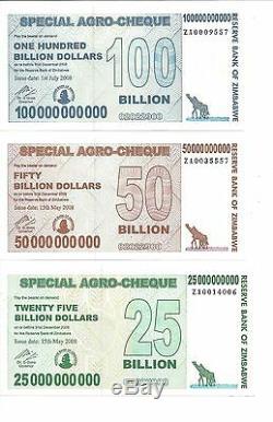 25 50 100 Billion Zimbabwe Dollar Za, 2008, Money Currency. Unc. 10 20 Trillion