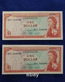 (2) 1965 East Caribbean Currency One Dollar Banknote Crisp UNC Consec. #'s
