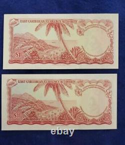 (2) 1965 East Caribbean Currency One Dollar Banknote Crisp UNC Consec. #'s