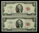 2 Consecutive 1963 $2 Legal Tender Us Notes Currency -fr1513 Star- Unc Ca2282