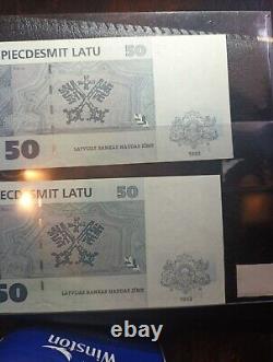 2 Of Lot LATVIA 50 LATU P-56 1992 EURO SAILING UNC CURRENCY BILL BANK NOTE