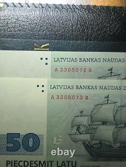 2 Of Lot LATVIA 50 LATU P-56 1992 EURO SAILING UNC CURRENCY BILL BANK NOTE