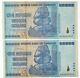 2x 100 Trillion Dollar Bill 2008 Zimbabwe Gem Unc Currency Note Consecutive Pair