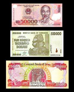 500,000 Zimbabwe Dollars 50,000 Vietnam Dong & 25, 000 New Iraqi Dinar Unc Notes