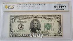 $5 1928A CH UNC64 PPQ Fed Res Note New York Set of 2 Consecutive Serial Numbers