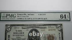 $5 1929 Evansville Indiana IN National Currency Bank Note Bill 2188 UNC64EPQ PMG