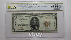 $5 1929 Reno Nevada NV National Currency Bank Note Bill Ch. #7038 PCGS UNC65PPQ