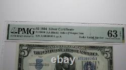 $5 1934 Radar Serial Number Silver Certificate Currency Bank Note Bill UNC63 PMG